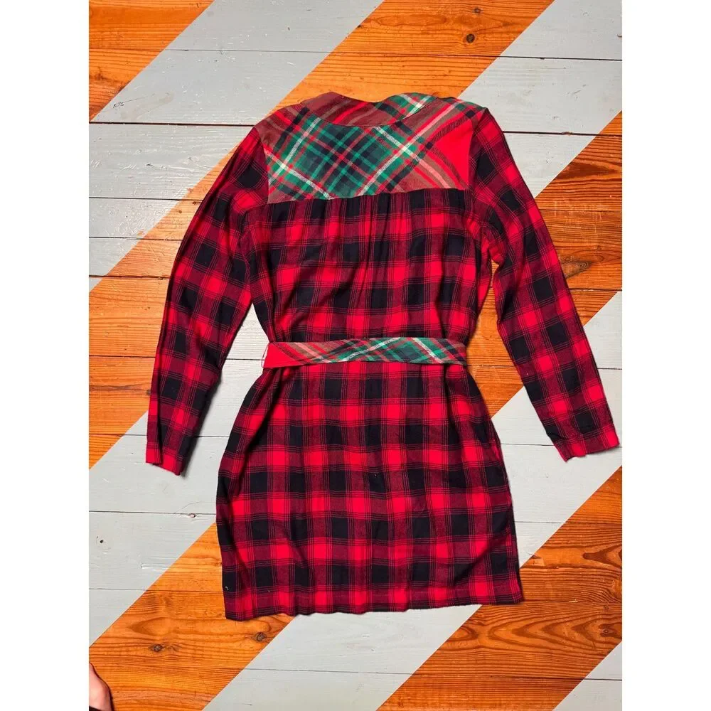 Aerie Plaid Flannel Wrap Robe Red Black Green Tartan Belted Lounge XS/S